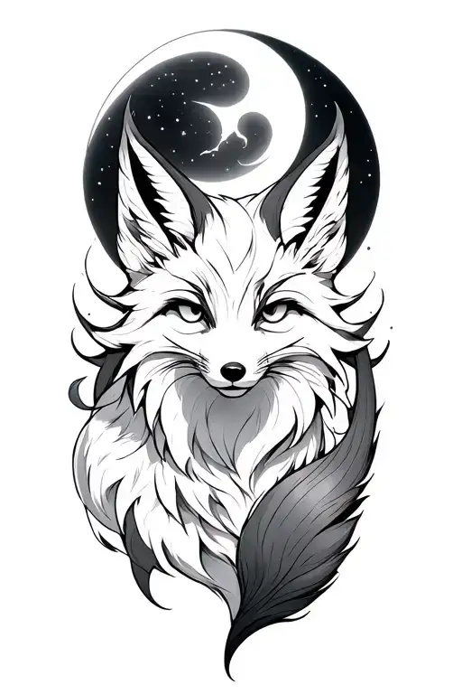 Kitsune Fox With Nine Tails And Moon