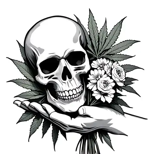 Skull Weed Leaves Joint One Hand Holding A Bouquet