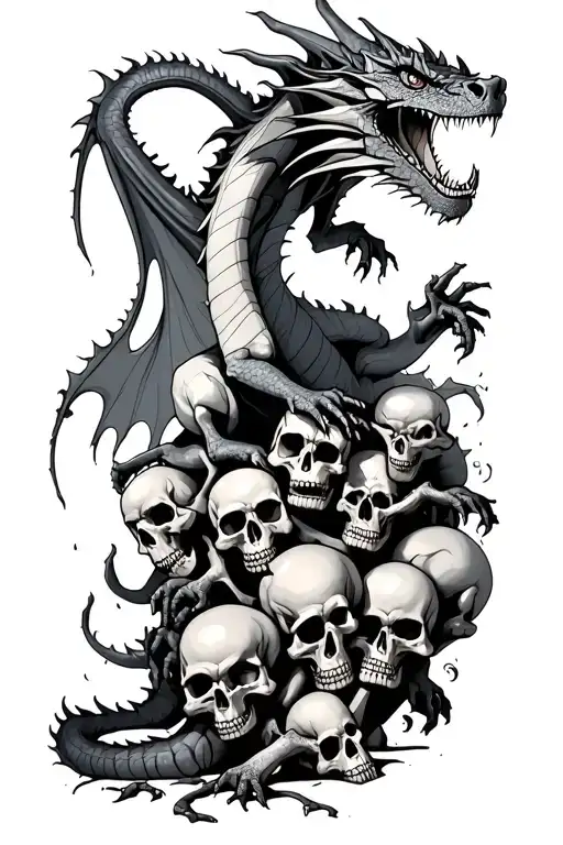 Giant Dragon Rearing Up From A Pile Of Skulls