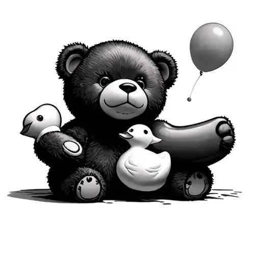 Black And White Tattoo Of A Teddy Bear Holding A Rubber Ducky