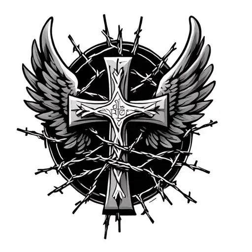 Greek Orthodox Cross With Wings And Barbed Wire Wrapped