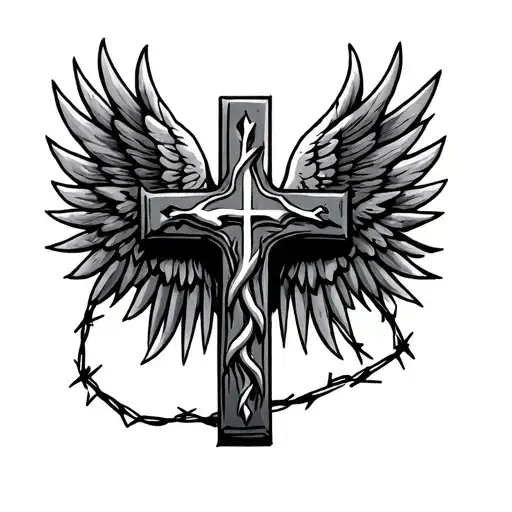 Greek Orthodox Cross With Wings And Barbed Wire Wrapped