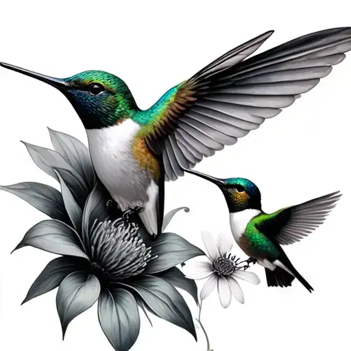 3 Hummingbirds -1 Large 2 Little Ones With Flower