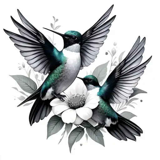 3 Hummingbirds -1 Large And 2 Little Ones With Flower In Middle