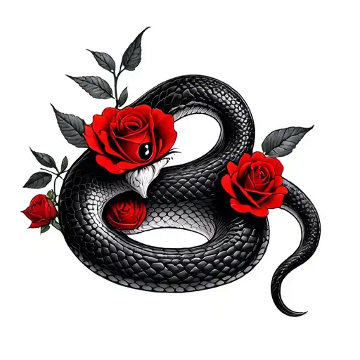 A Red Snake With Black Eyes That Has Red Roses Around It
