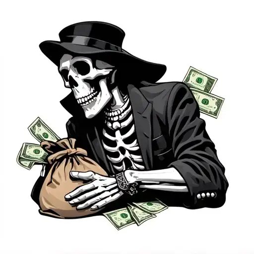 Hustler With Skeleton And Money Bag Sleeve Tattoo Design Featuring