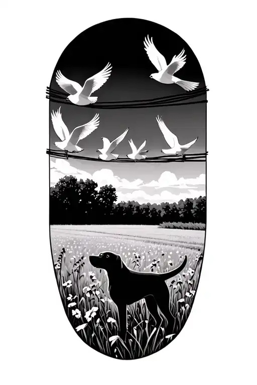 Doves On A Power Line Over A Field With A Black Dog Looking At Them