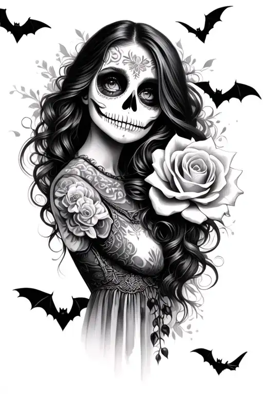 Day Of The Dead Girl With Rose And Bats Flying