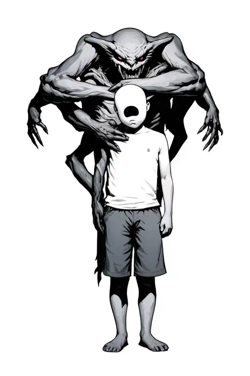 A Faceless Boy Standing With A Big Scary Demon Wrapped Around Him