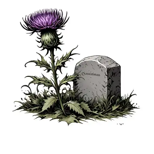Scottish Thistle Growing From Knights Grave Stone Next To Him