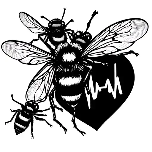 3 Bees Flying Holding Heart Beat Line