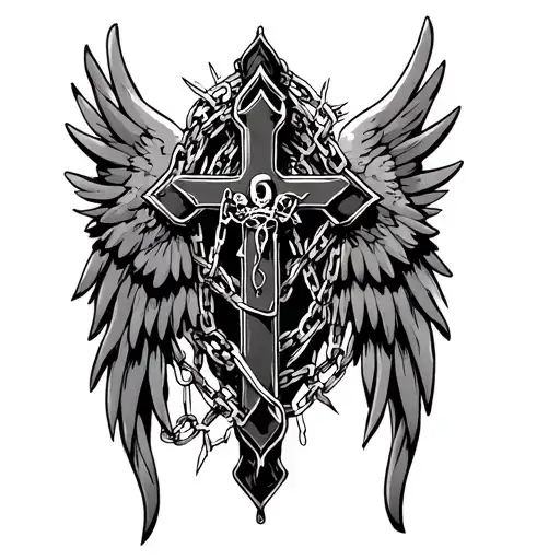 Cross With Wings On The Sides Tangled With Chains And Shackles And Crown Of Thorns