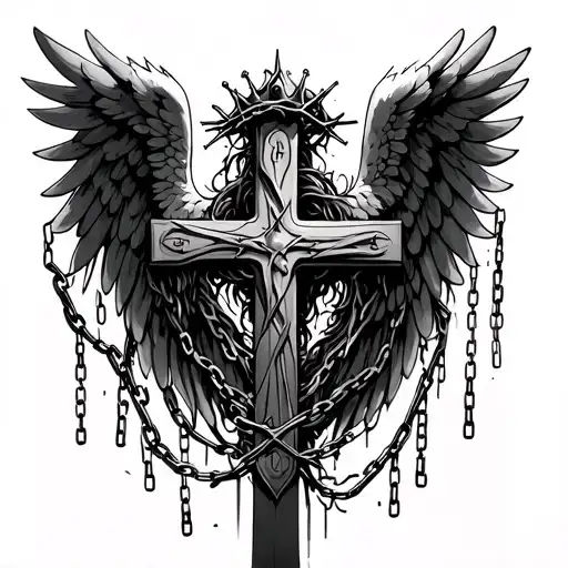 Cross With Angel Wings On The Sides Entangled With Chains And Crown Of Thorns Along The Top