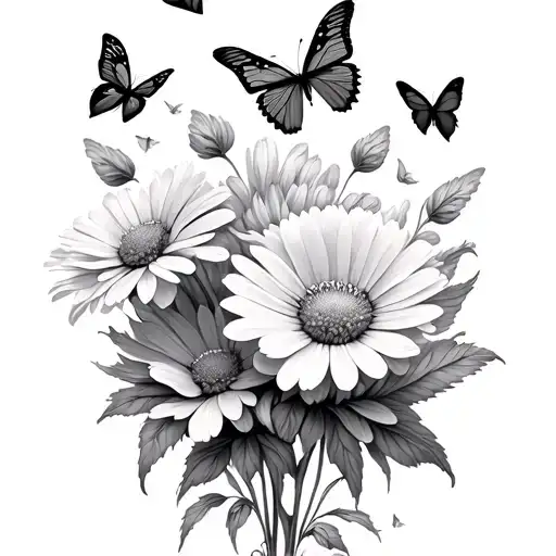 Larkspur Flower Daisy Peony Butterflies Flying Together