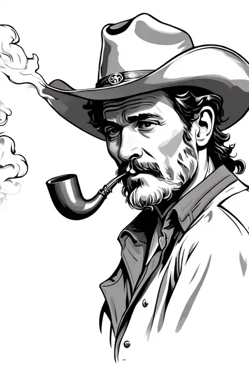 Old Cowboy Smoking A Pipe With The Smoke Whisping Into The Sky