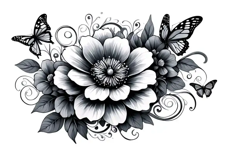 Flowers With Butterflies And Swirly Designs