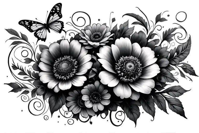 Cluster Of Flowers With Butterflies And Swirly Designs