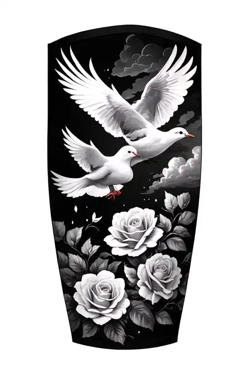 Realistic Rosery Arm Sleeve With Doves And Clouds