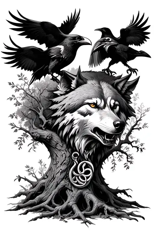 Ravens Sitting Under Wolfs Head With Triskelion And Hangman Tree Growing From The Wolfs Head