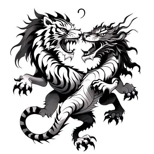 Chinese Zodiac Tiger And Dragon Fighting Each Other