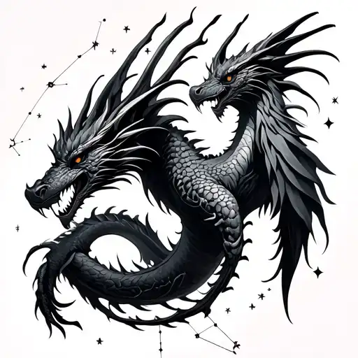 Dragon And Phoenixe With Star Constellation Intertwined