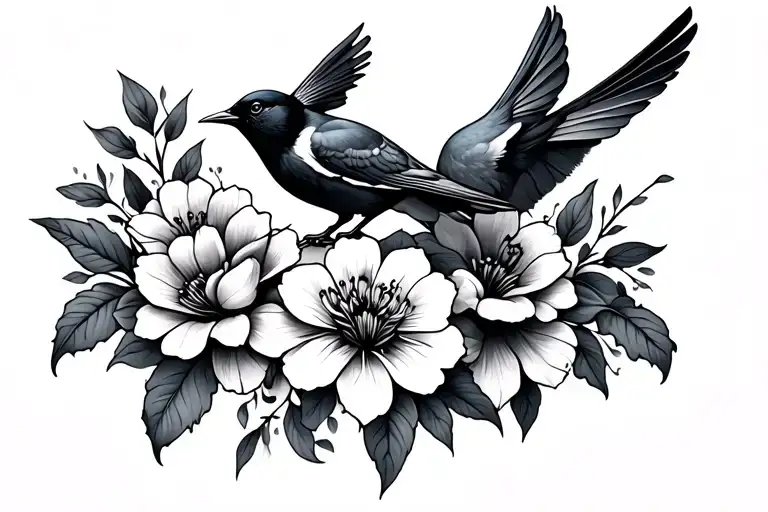 Cover Up Tattoo Featuring Flowers And Birds