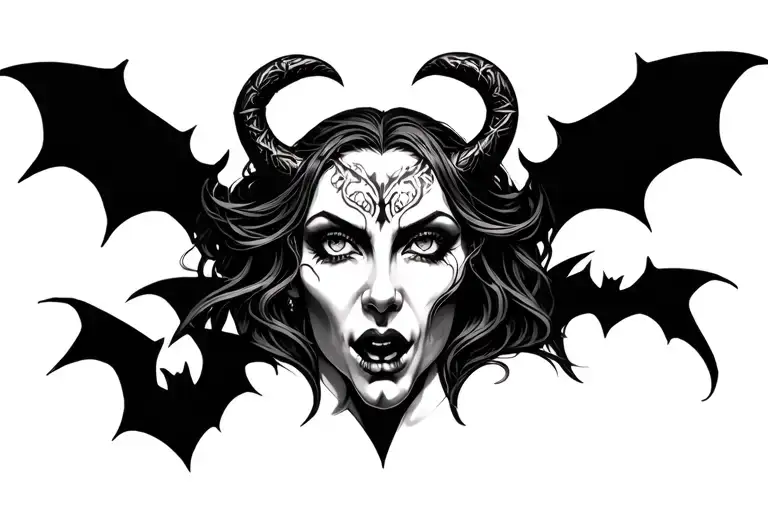 Satanic Chest Tattoo With Demonic Woman Face And Bats In The Background