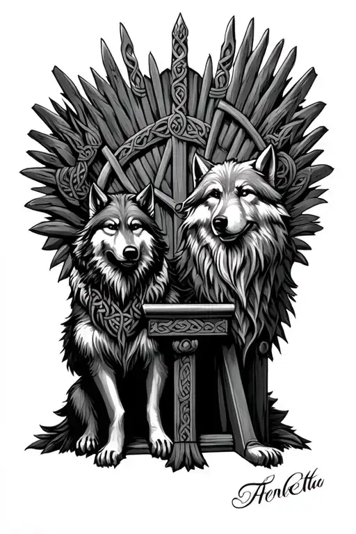 Bicep Tattoo Of Celtic Throne With Viking And Wolf Sitting Proudly By His Side