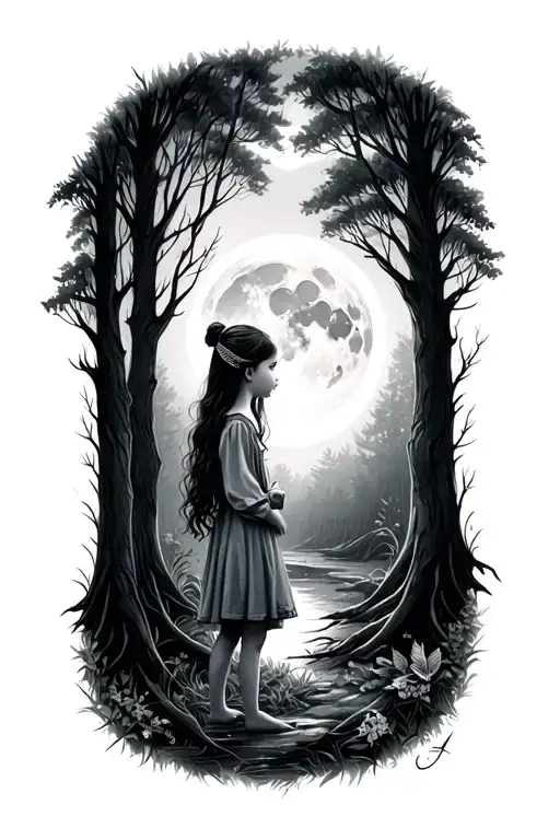 Little Girl In A Forest With Moon