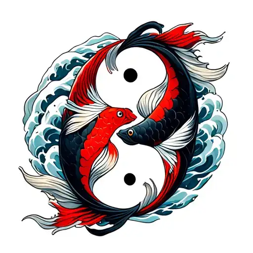 Red And Black Yin Yang Koi Fish With Wave And Water