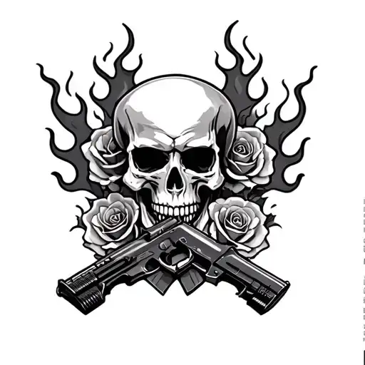 Skull Roses Flames And Guns And Ak47 And Muscle Car