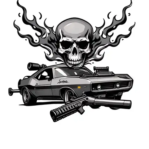 Skull And Flames And Assault Rifle And Small Muscle Car For Left Arm