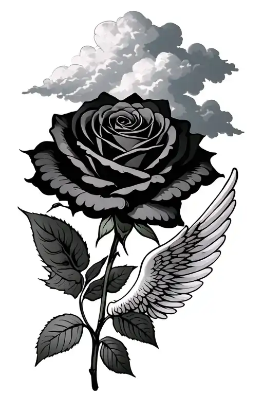 Black Rose With Clouds And Angel Wing