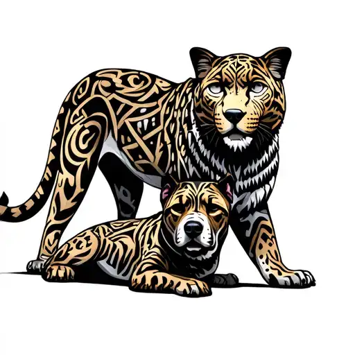 Aztec Jaguar Standing Up And A Xholo Dog Laying Down