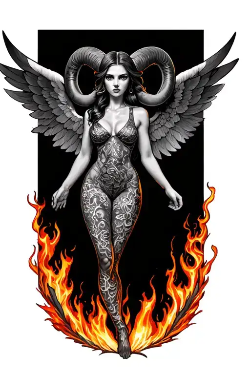 Aries Zodiac Sign Sexy Woman Wings Surrounded By Fire