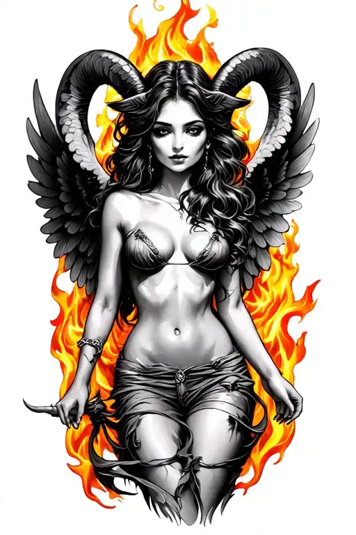 Aries Zodiac Sign Sexy Woman Wings Surrounded By Fire