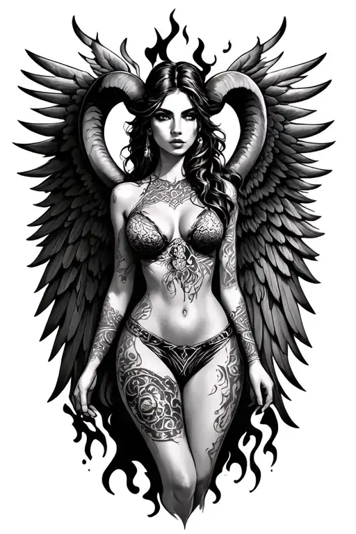 Aries Zodiac Sign Sexy Woman Wings Surrounded By Fire