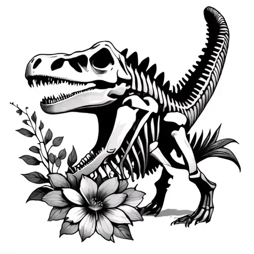 Black And White Spinosaurus Skeleton With Flowers