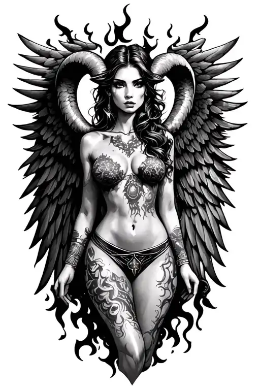 Aries Zodiac Sign Sexy Woman Wings Surrounded By Fire