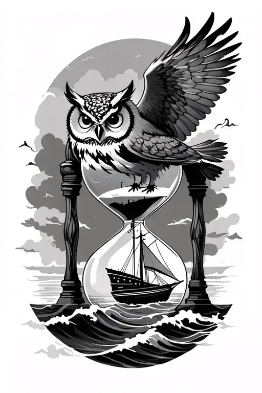 An Owl Over An Hourglass Besides A Sail Boat On Waves