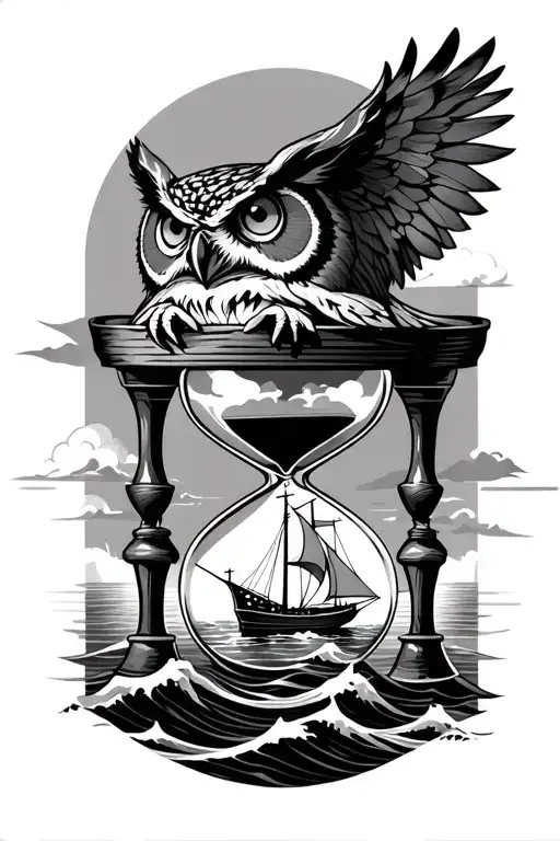 An Owl Head Over An Hourglass Besides A Sail Boat On Waves