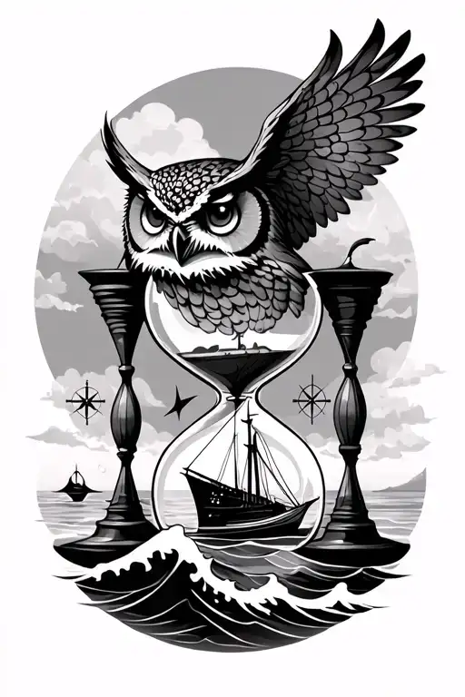 An Owl Head Over An Hourglass Besides A Sail Boat On Waves With Compasses