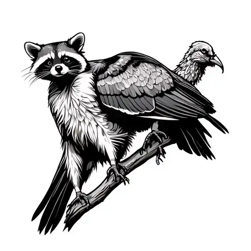 Racoon Holding A Turkey Vulture Perched