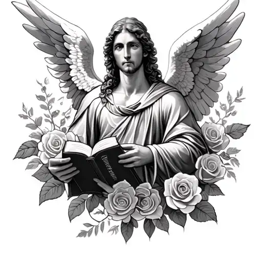 Archangel Uriel Holding Bible With Roses Around Him