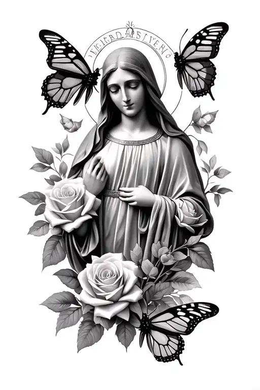 Roses And 4 Butterflies And The Virgin Mary