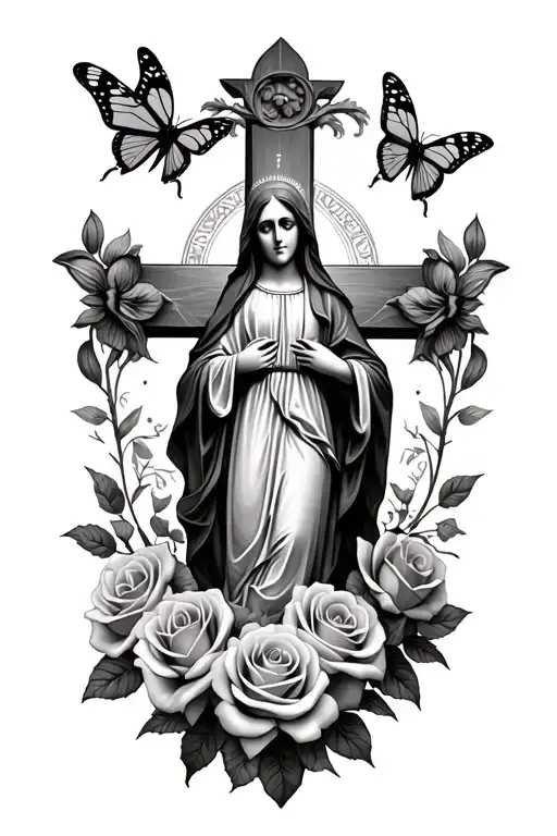 Roses And 4 Butterflies And The Virgin Mary Religious Cross