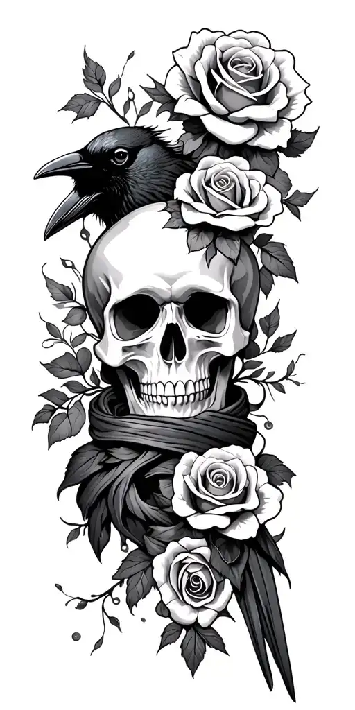 Beautiful Skull And Roses Wrapped And Flowing Lines And A Crow