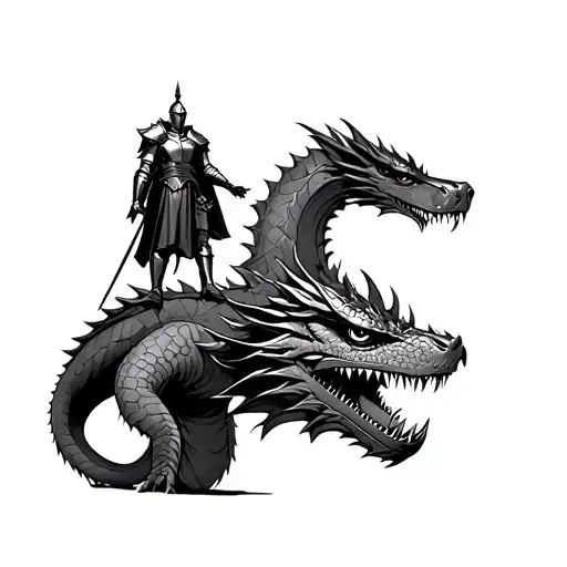 There Is A Knight Standing On The Head Of A Large Dragon