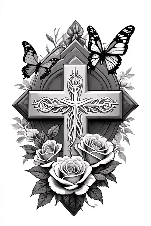 Roses And Butterflies Around A Christian Cross