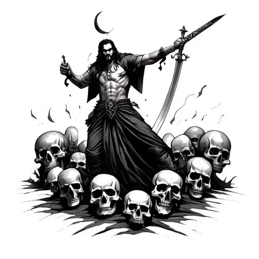 Man With Sword Standing On Skulls Surrounded
